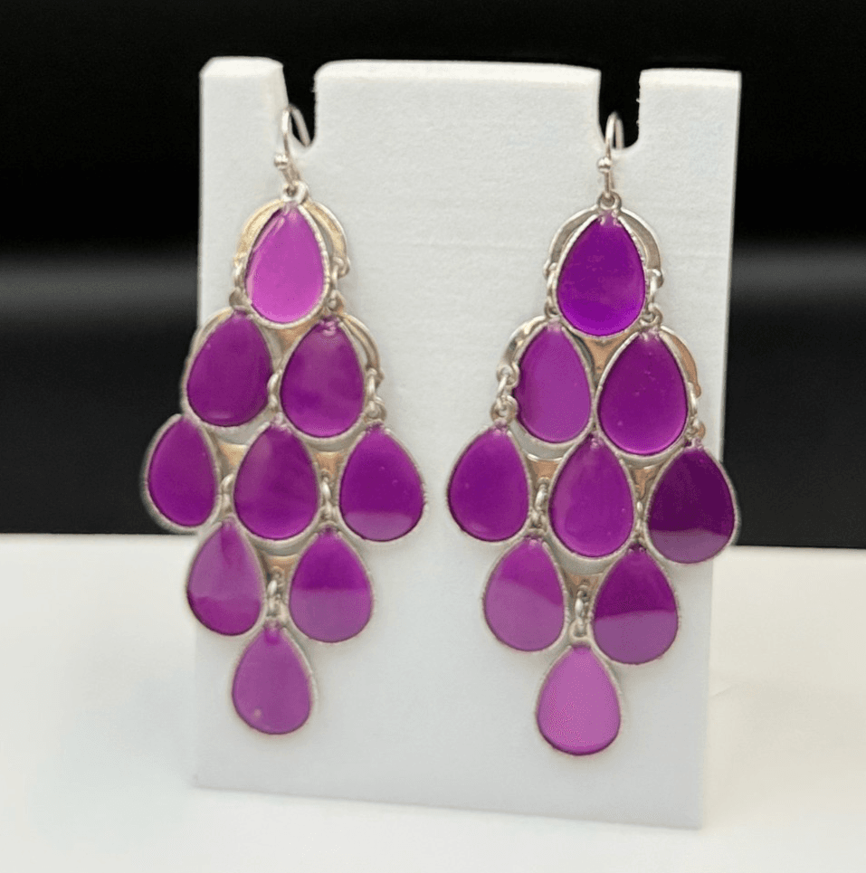Vintage Purple Opaque Enameled Tear-Drop Retro Chandelier Pierced Earrings