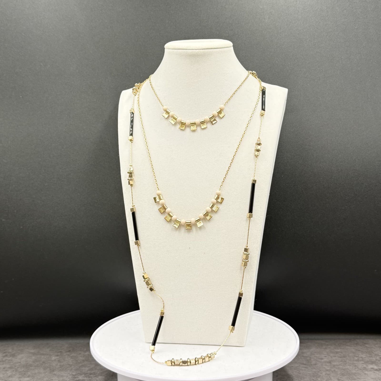 Vintage Gold Tone Cube & Black Bar Bead Necklace Long Layered Modernist