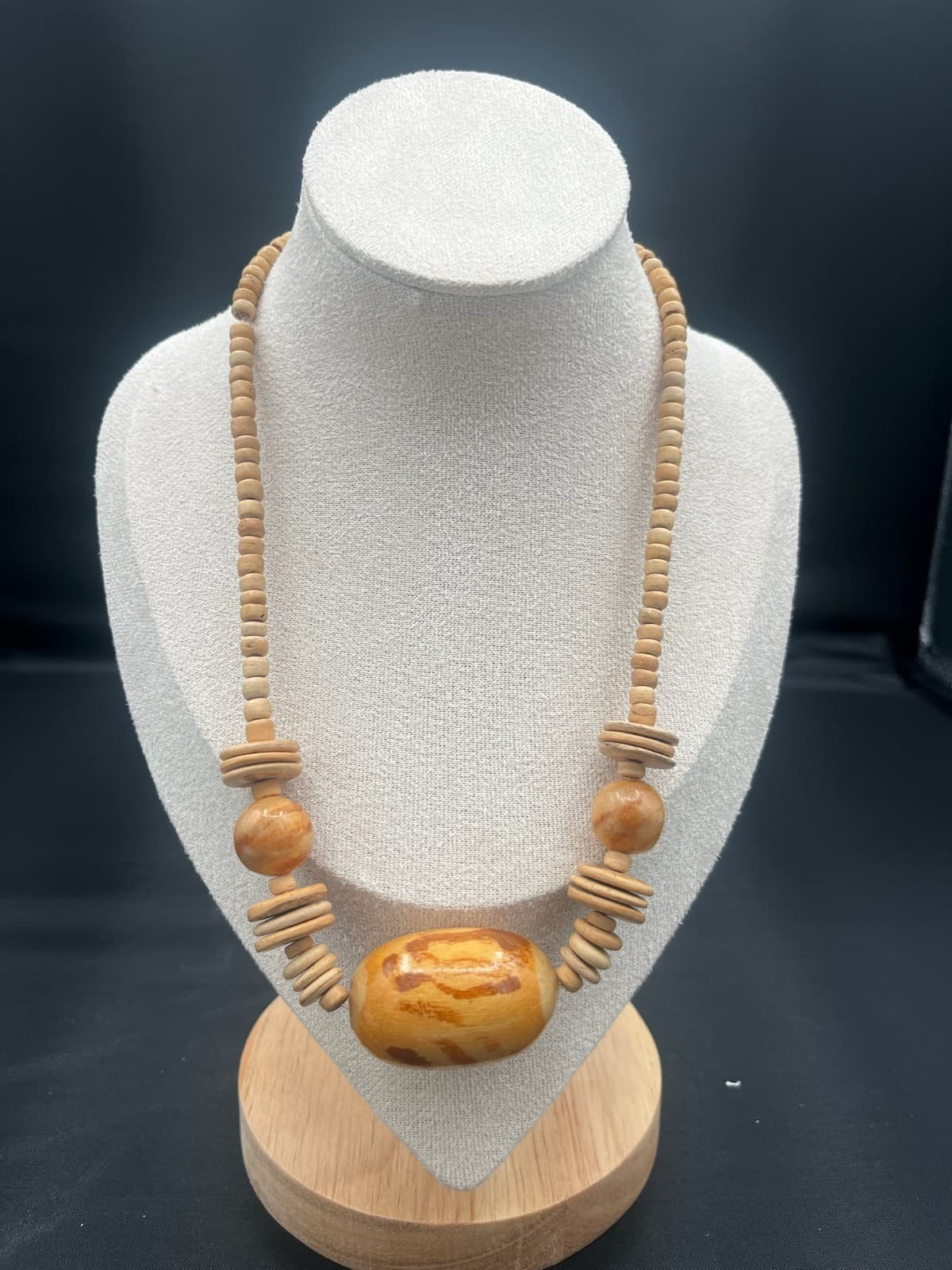 Vintage Chunky Light Wood Bead Statement Necklace Boho Natural Artisan Style - Thumbnail 2