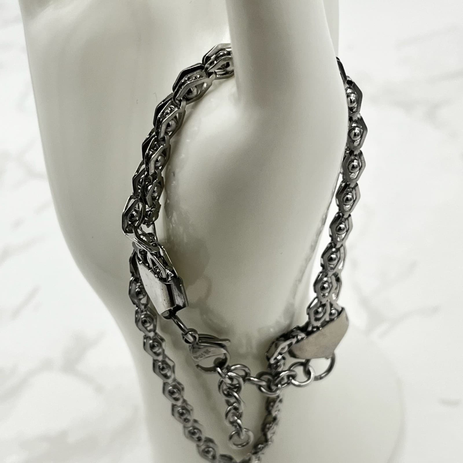Vintage Silver Tone Multi-Layer Hexagonal Chain Bracelet w/ Lobster Clasp