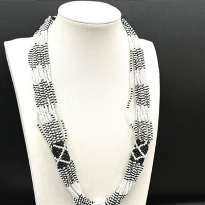 Vintage Black White Seed Bead Multi-Strand Necklace Tribal Boho Statement