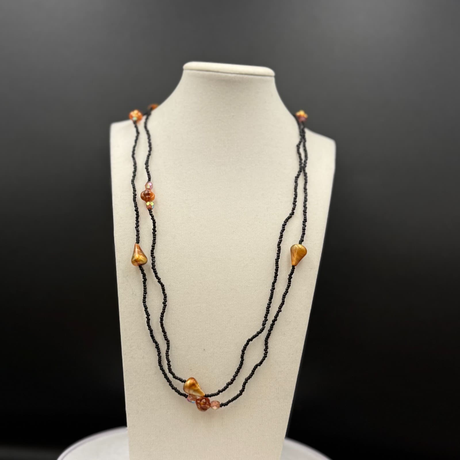 Vintage Black Seed Bead Necklace w/ Copper Shell Nuggets Boho Layered