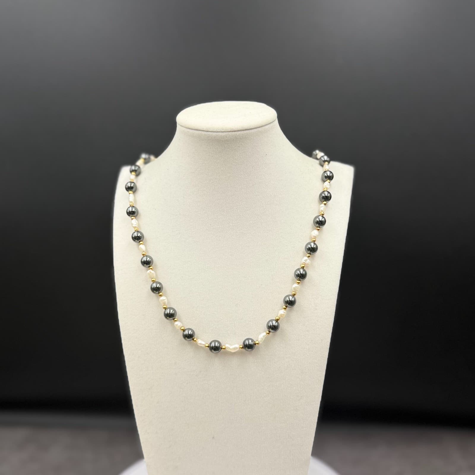 Vintage Black Hematite-Style & Pearl Bead Necklace Gold Accent Classic