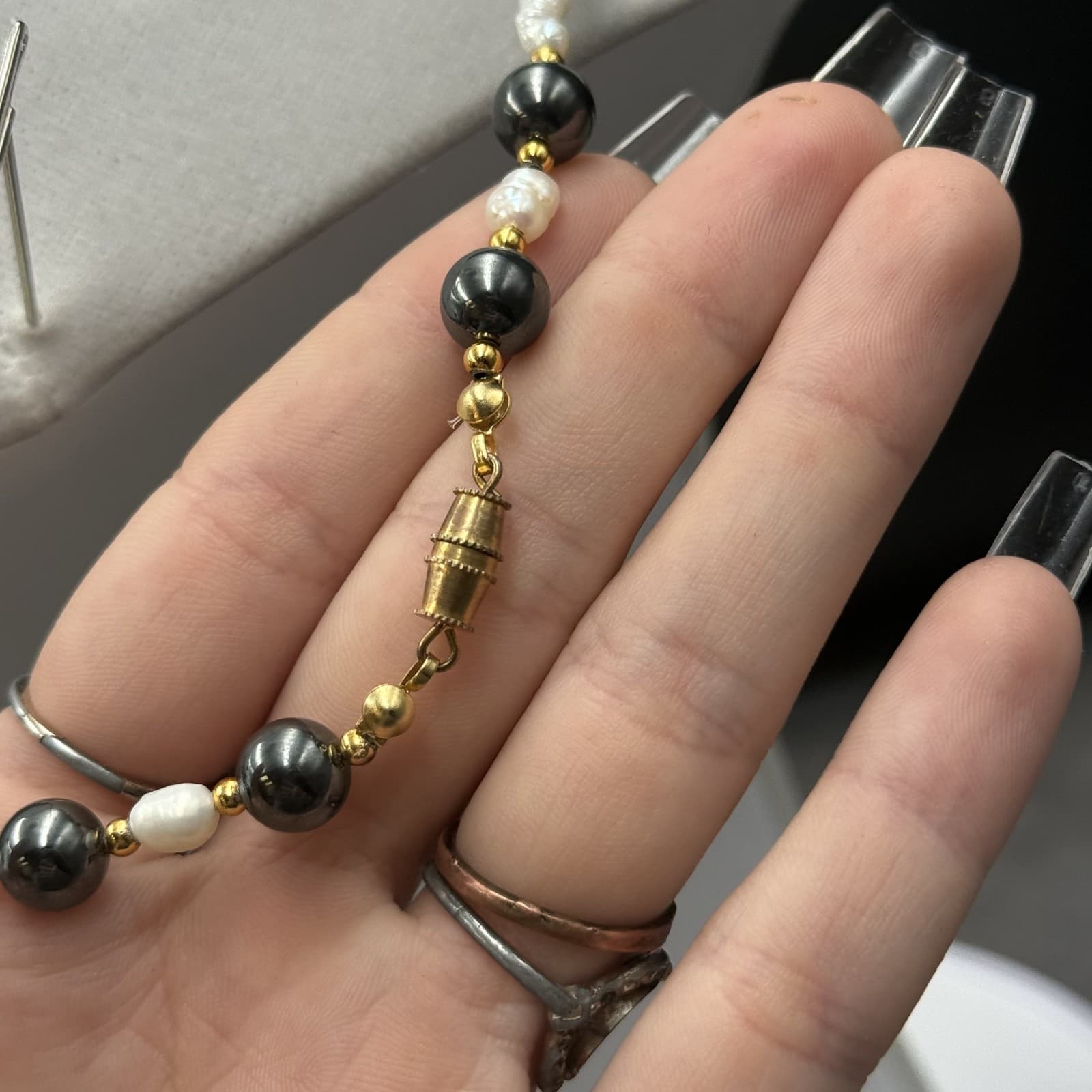 Vintage Black Hematite-Style & Pearl Bead Necklace Gold Accent Classic - Thumbnail 6