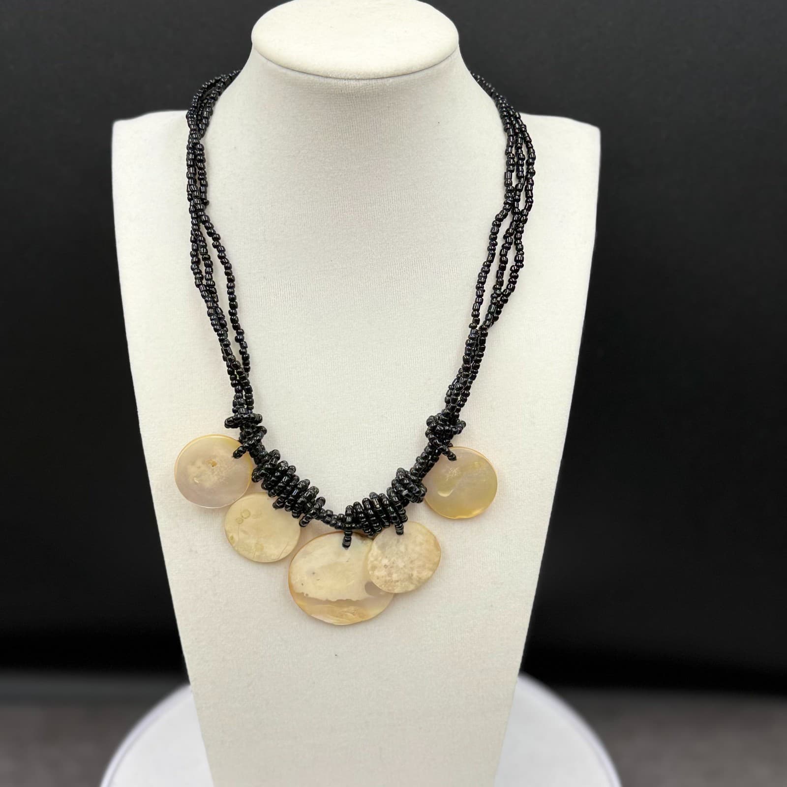 Vintage Black Seed Bead Necklace w/ Shell Disc Bib Boho Statement