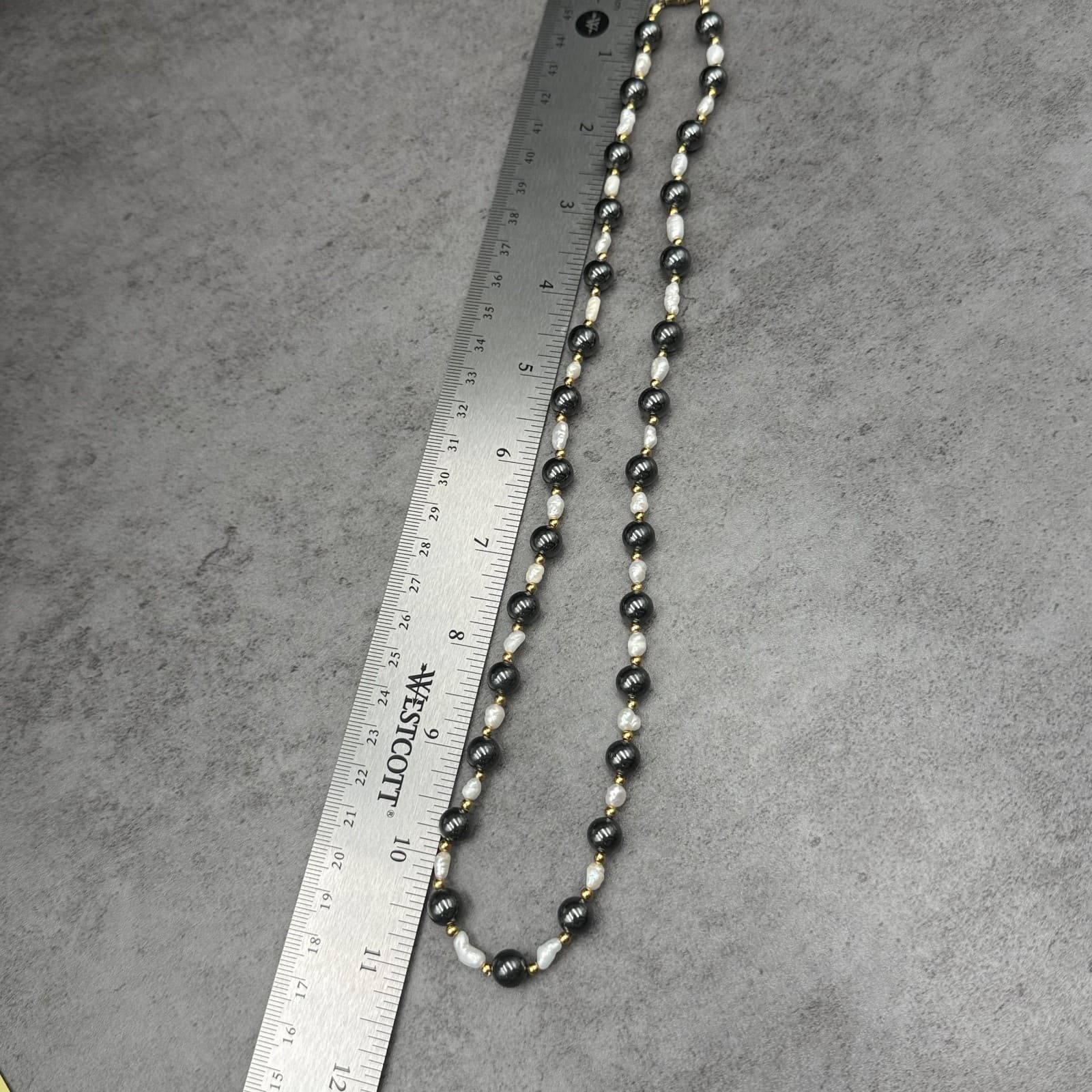 Vintage Black Hematite-Style & Pearl Bead Necklace Gold Accent Classic - Thumbnail 10