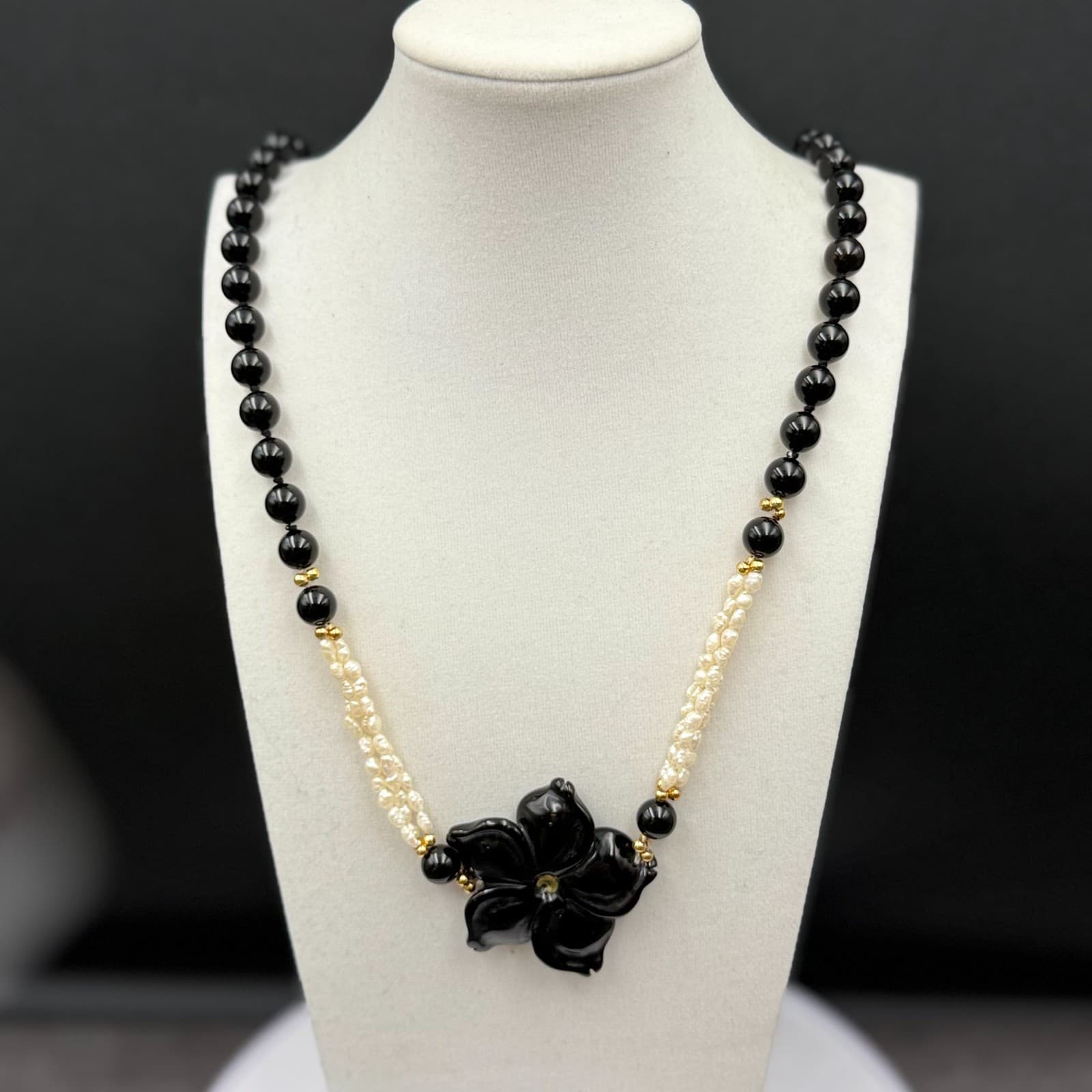 Vintage Black Resin Flower Necklace w/ Pearl Bead Strands Elegant Chic