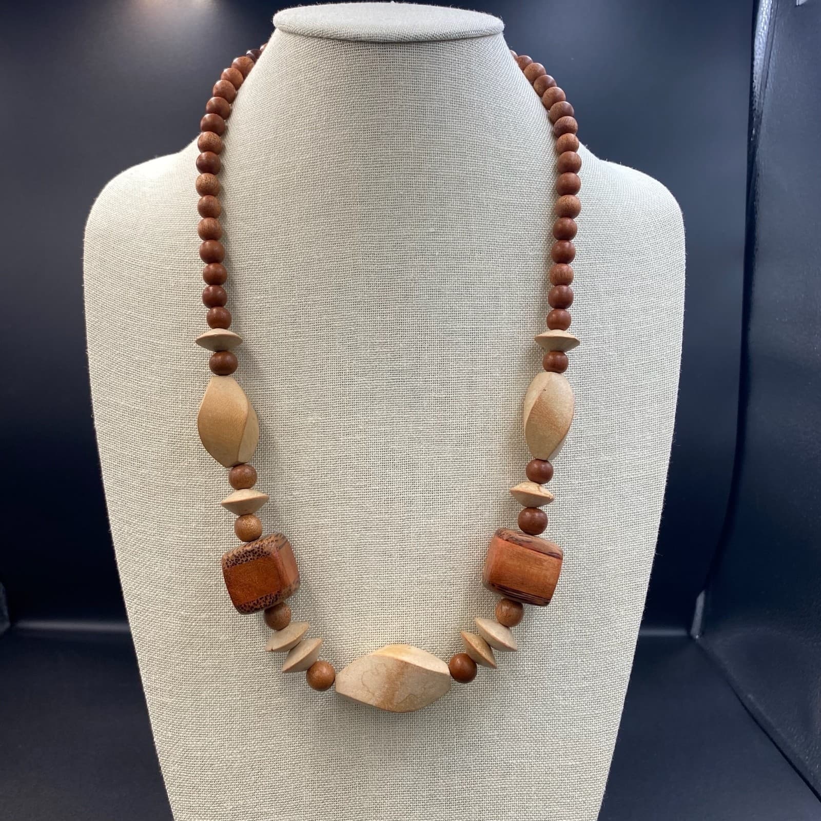 Vintage Chunky Geometric Carved Wood Bead Necklace Boho Tribal Statement
