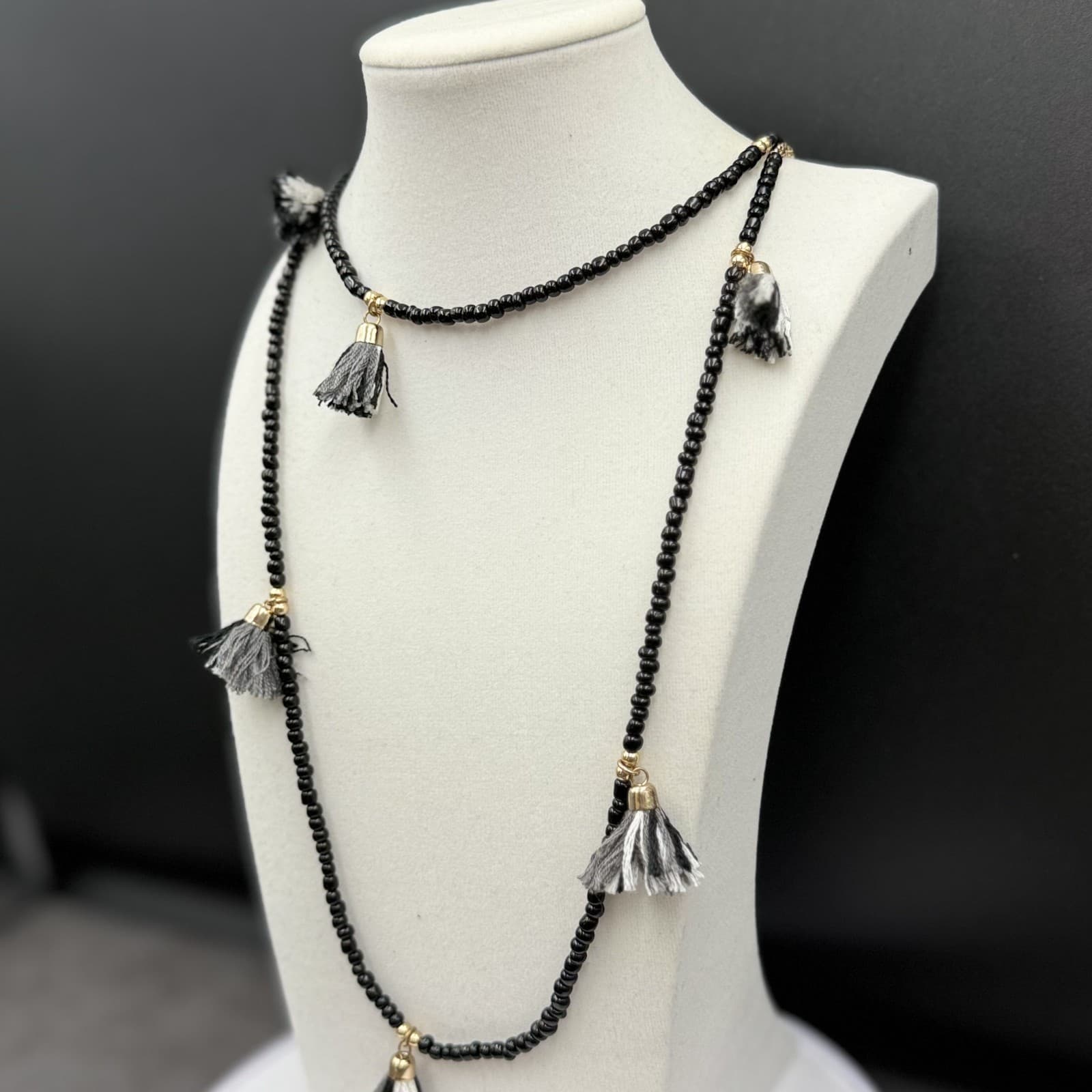 Vintage Black Seed Bead Tassel Necklace Boho Gold Accent Statement - Thumbnail 3