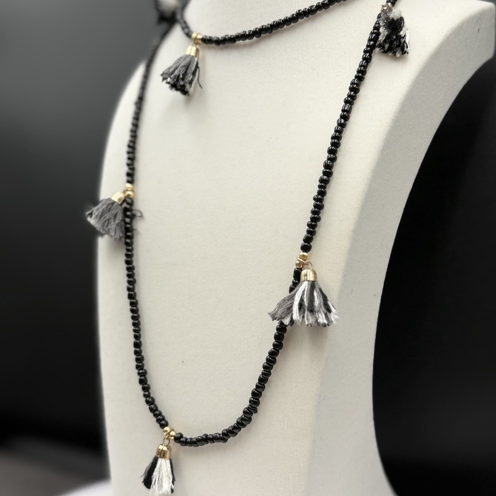 Vintage Black Seed Bead Tassel Necklace Boho Gold Accent Statement - Thumbnail 4