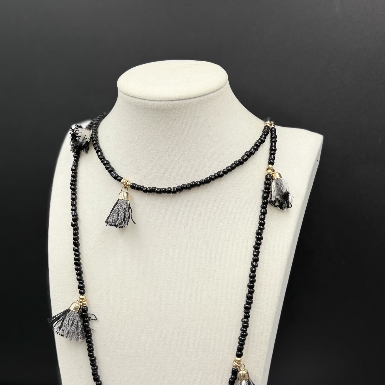 Vintage Black Seed Bead Tassel Necklace Boho Gold Accent Statement - Thumbnail 5