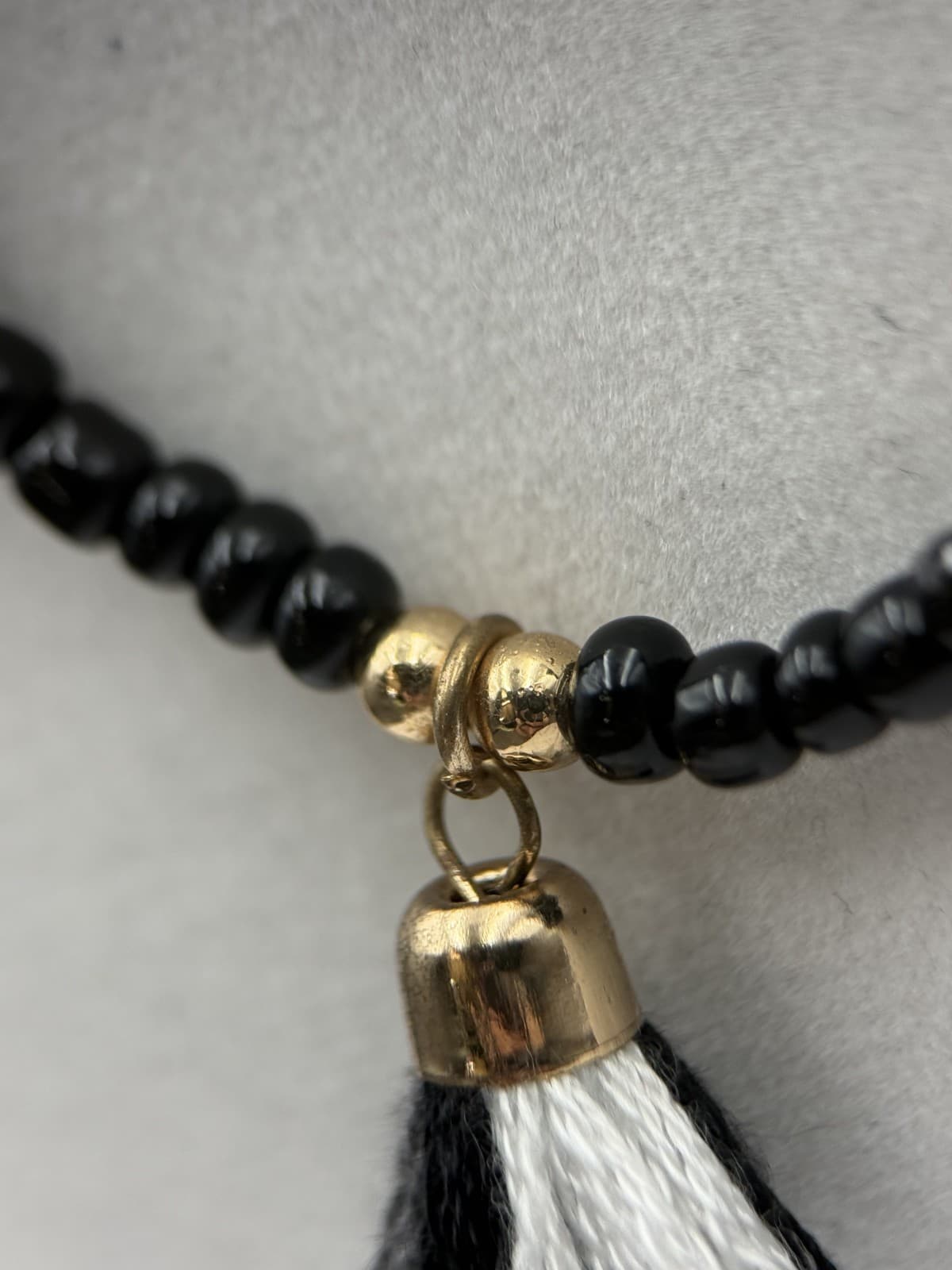 Vintage Black Seed Bead Tassel Necklace Boho Gold Accent Statement - Thumbnail 7