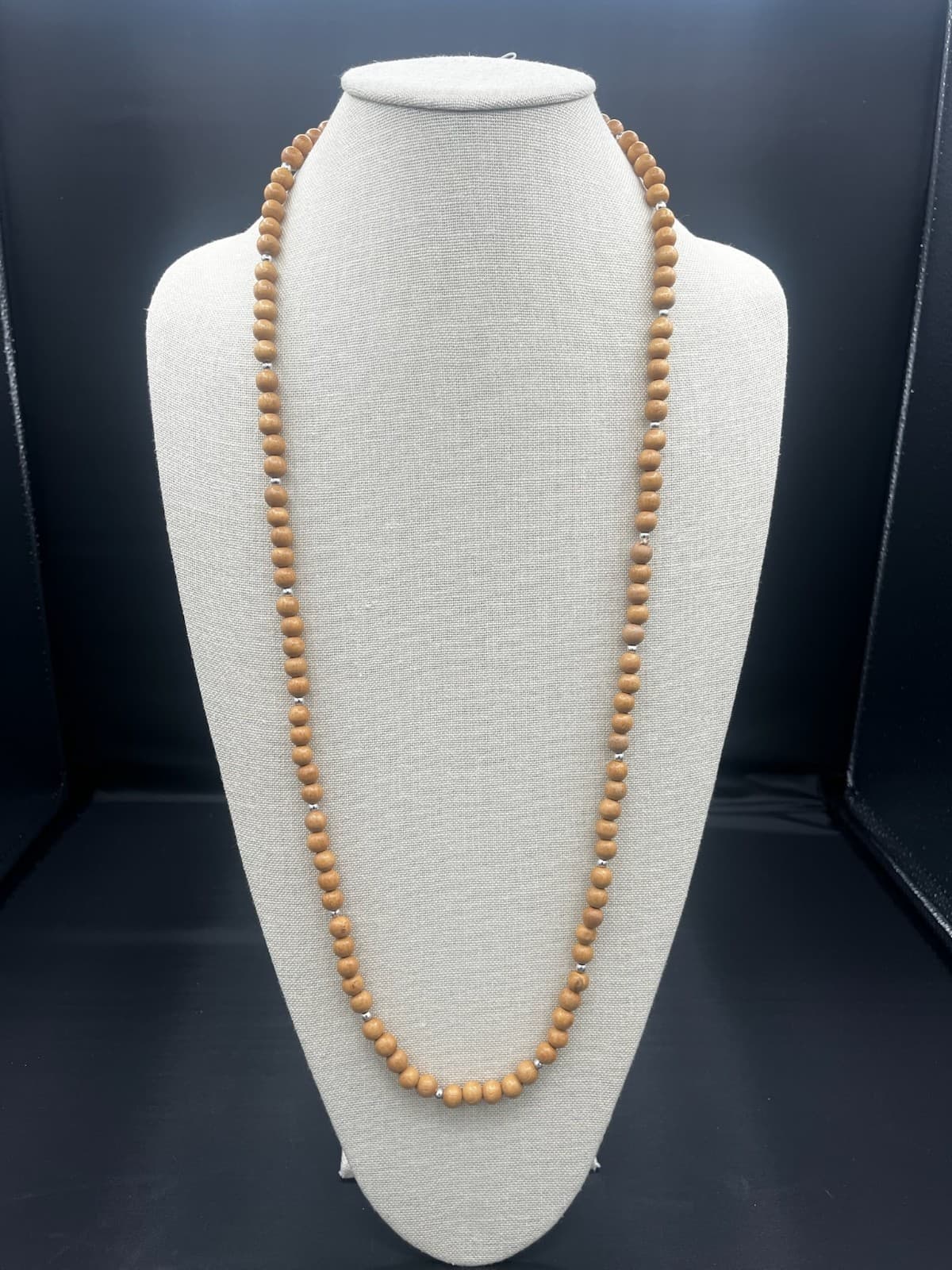 Necklace Long Natural Wood Bead Silver Spacers Boho Minimalist Earthy Tan 34"