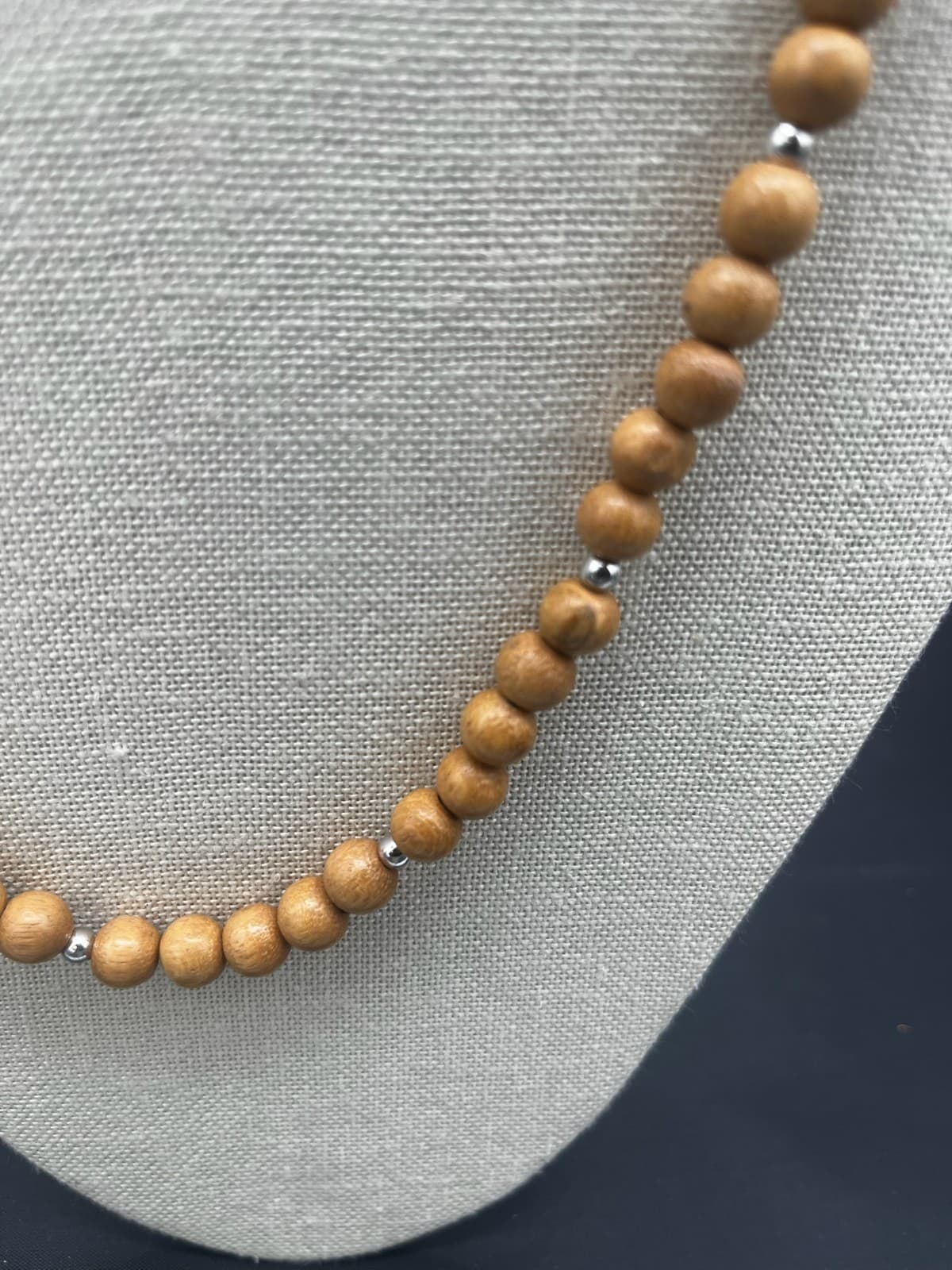 Necklace Long Natural Wood Bead Silver Spacers Boho Minimalist Earthy Tan 34" - Thumbnail 3