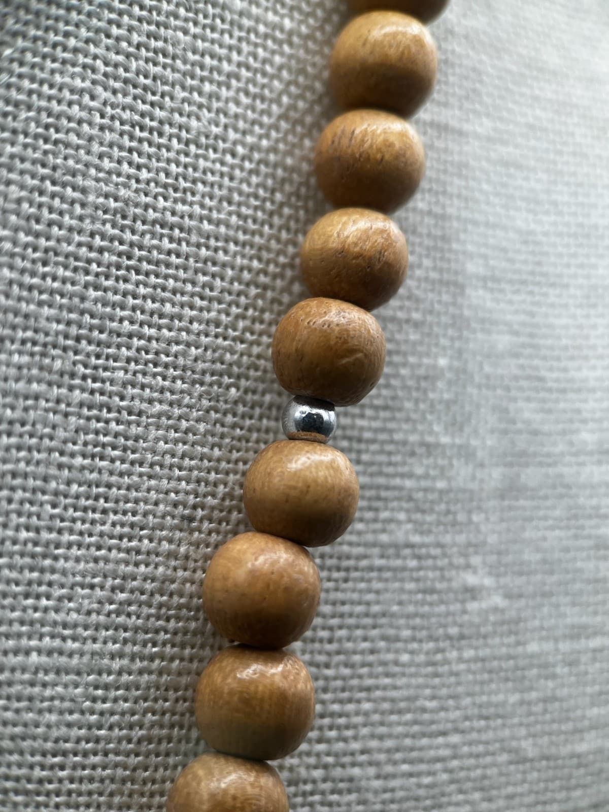 Necklace Long Natural Wood Bead Silver Spacers Boho Minimalist Earthy Tan 34" - Thumbnail 4