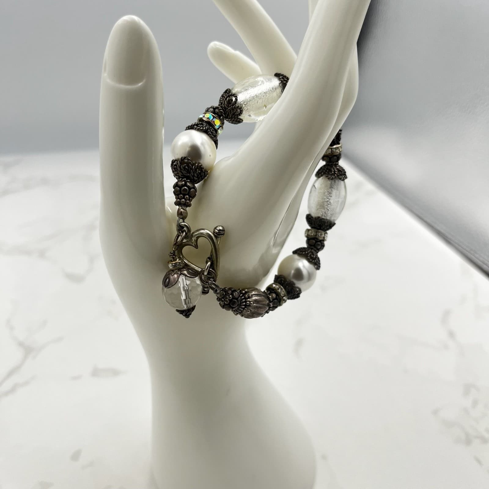 Vintage Elegant Silver Tone Pearl Crystal Bead Bead Heart Toggle Clasp Bracelet