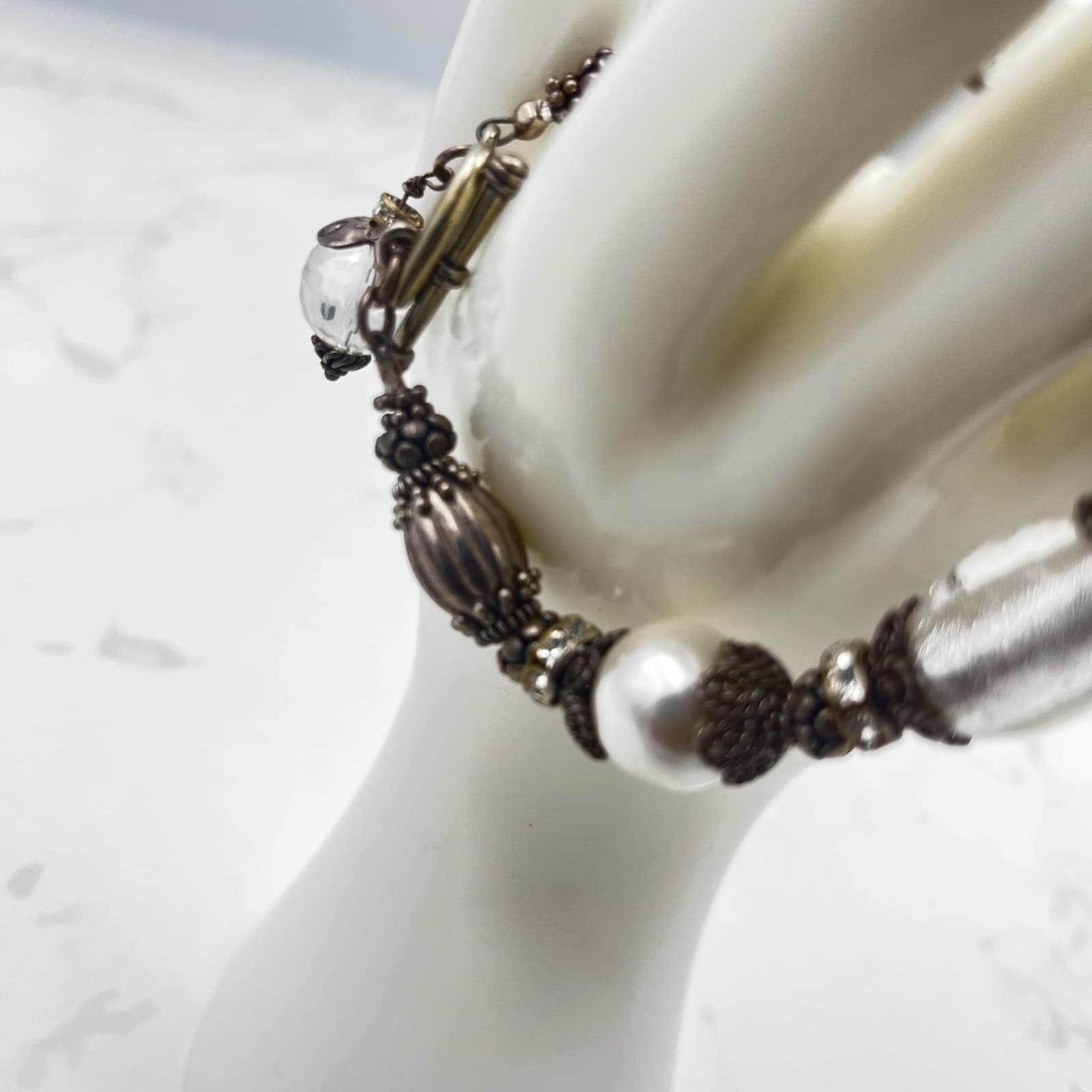 Vintage Elegant Silver Tone Pearl Crystal Bead Bead Heart Toggle Clasp Bracelet - Thumbnail 3