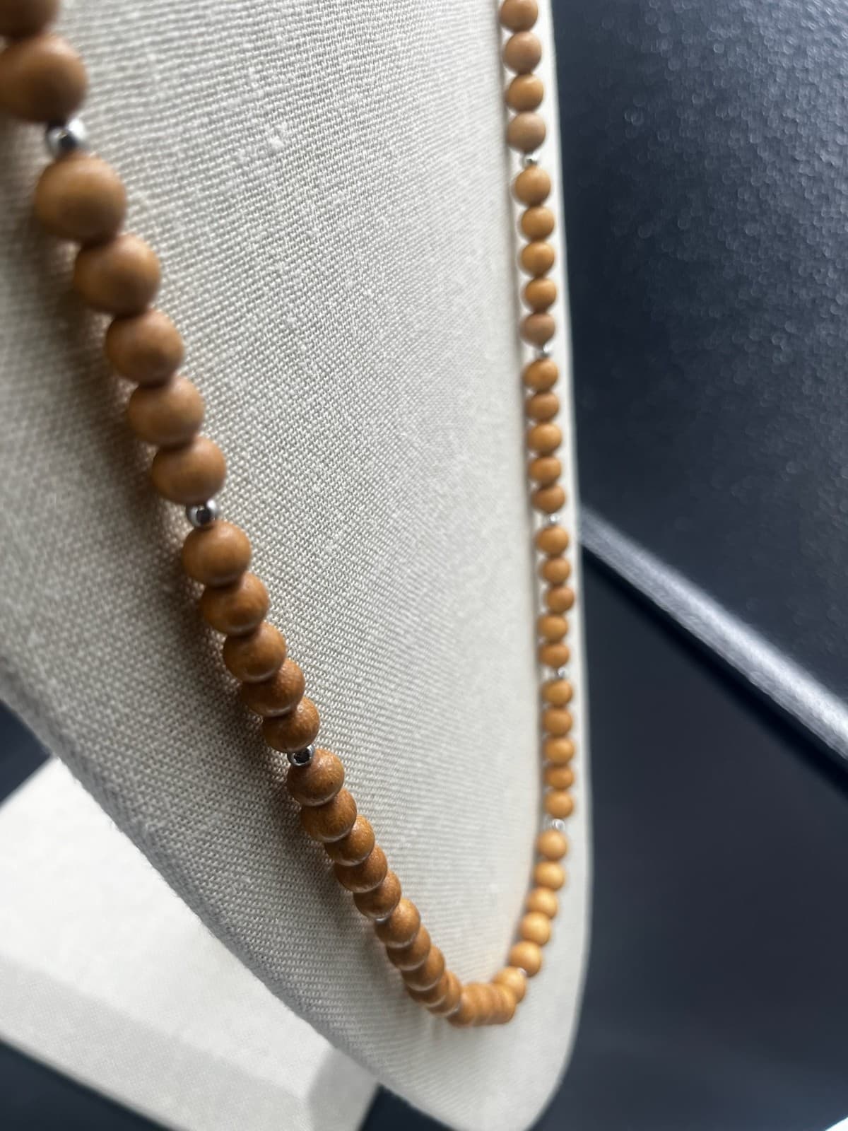 Necklace Long Natural Wood Bead Silver Spacers Boho Minimalist Earthy Tan 34" - Thumbnail 2