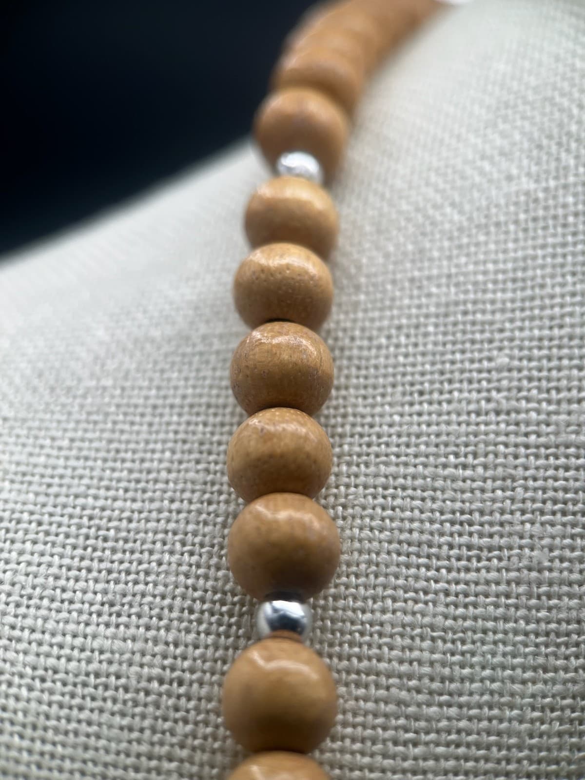 Necklace Long Natural Wood Bead Silver Spacers Boho Minimalist Earthy Tan 34" - Thumbnail 5