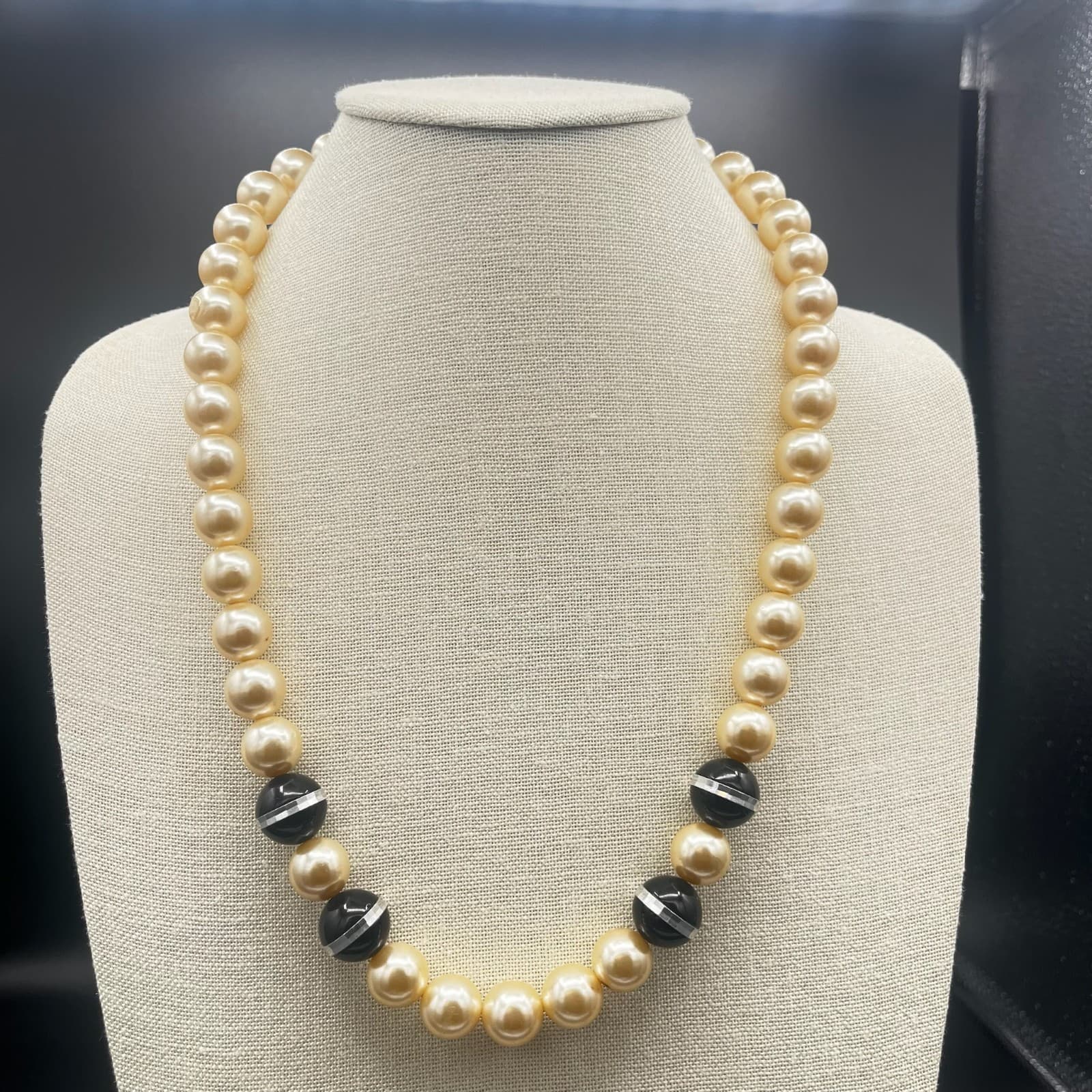Vintage Cream Pearl Bead Necklace w/ Black Striped Accents Retro Statement Chic