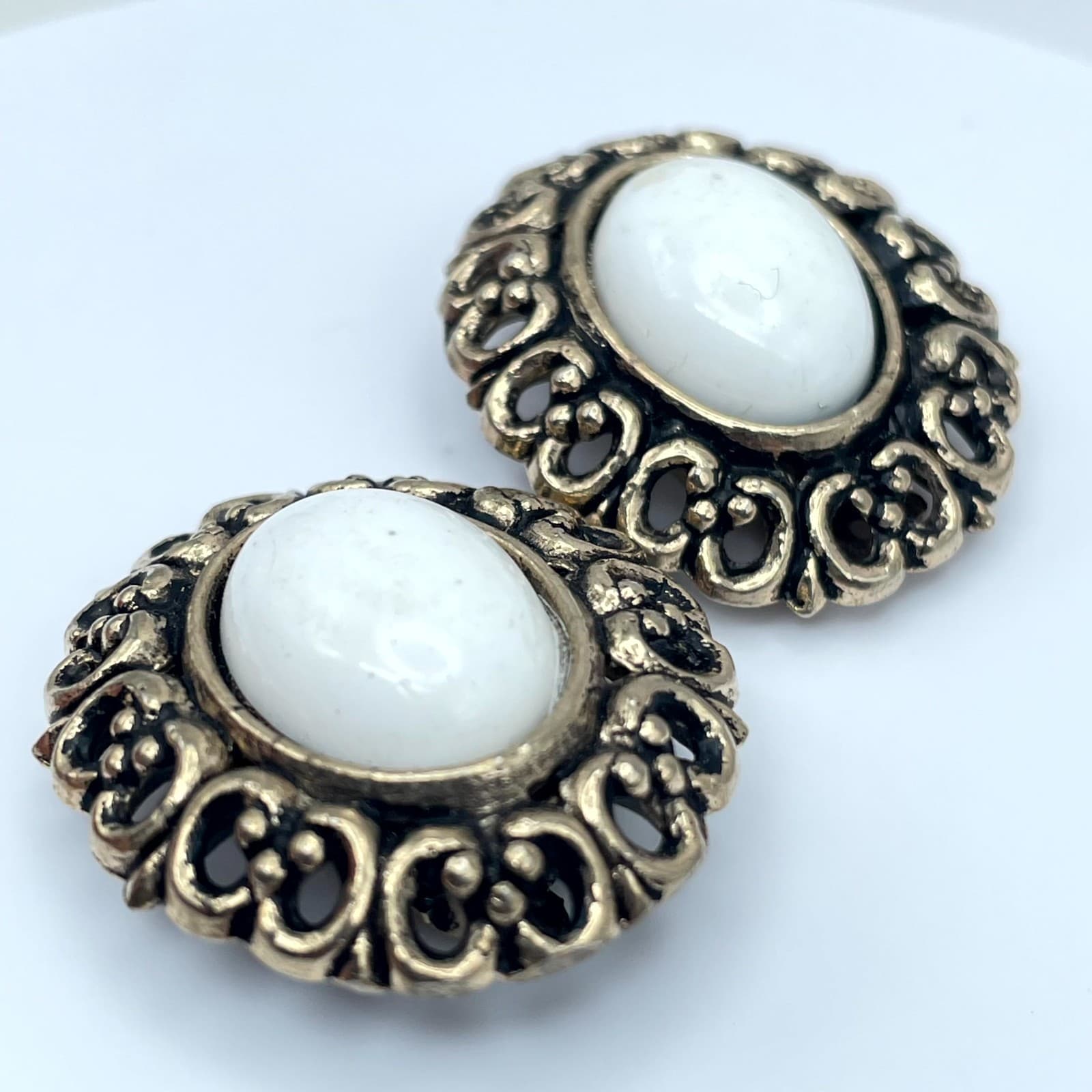 Vintage Gold-Tone Victorian Filigree Border Center Bead Clip-On Button Earrings