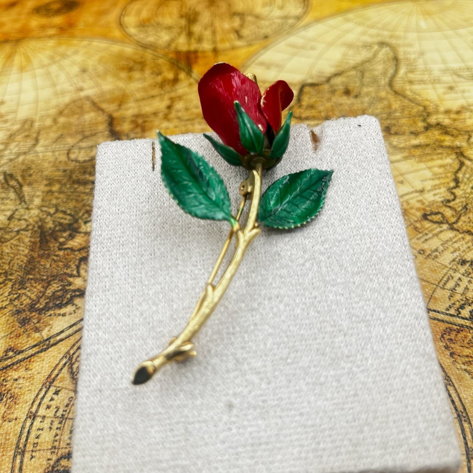 Vintage Gold Tone Red Rose Brooch Pin Painted Metal Flower