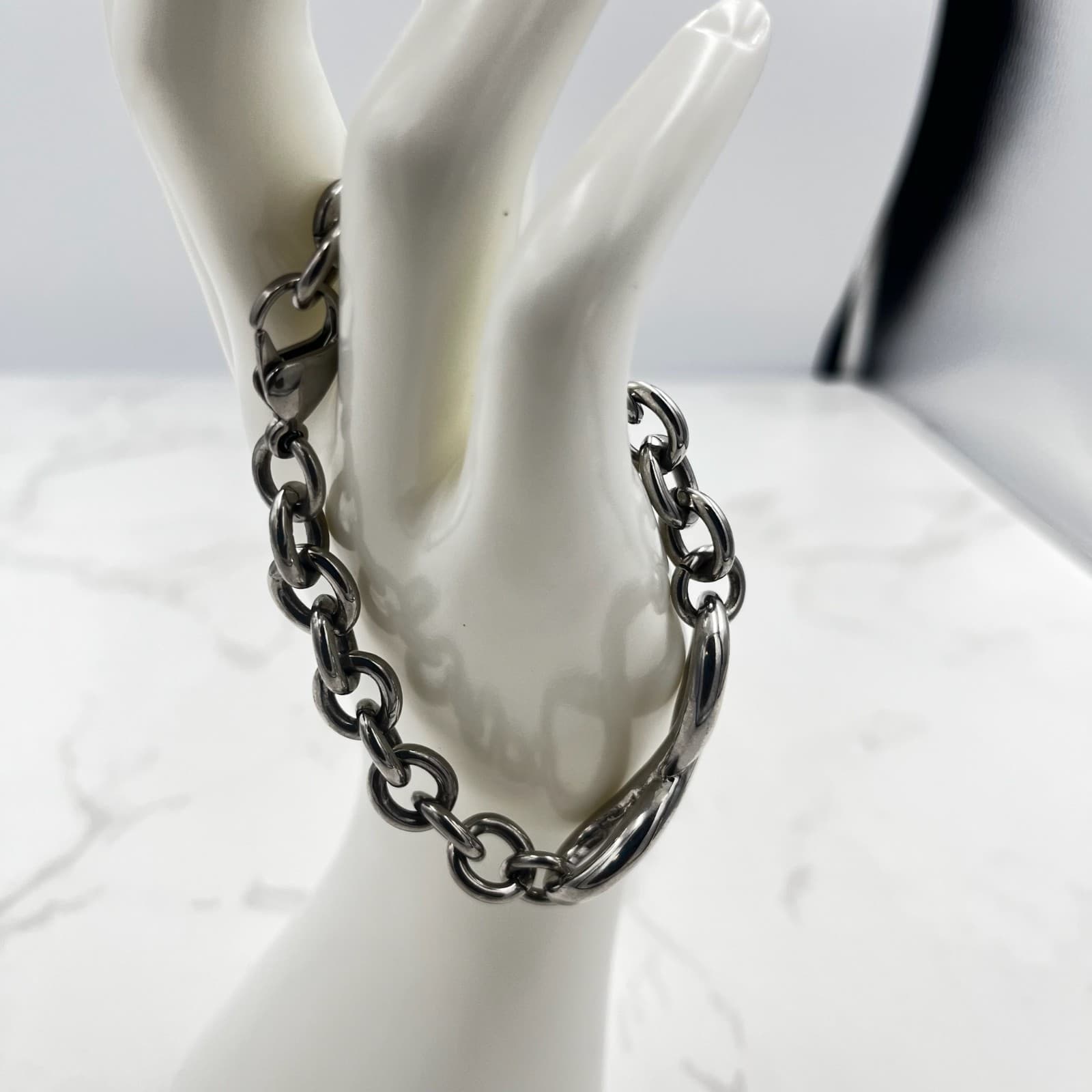 Vintage Modernist Chunky Silver Tone Chain Link Bracelet Statement Jewelry