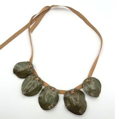 Necklace Olive Green Earthy Statement Organic Ceramic Style Ribbon Adjustable