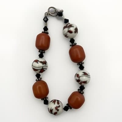 Vintage Beaded Bracelet Brown Glass & Hand-Painted Ceramic Floral Beads