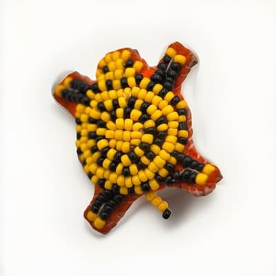 Vintage Beaded Starburst Brooch Pin Yellow Black Orange Felt Boho Artisan