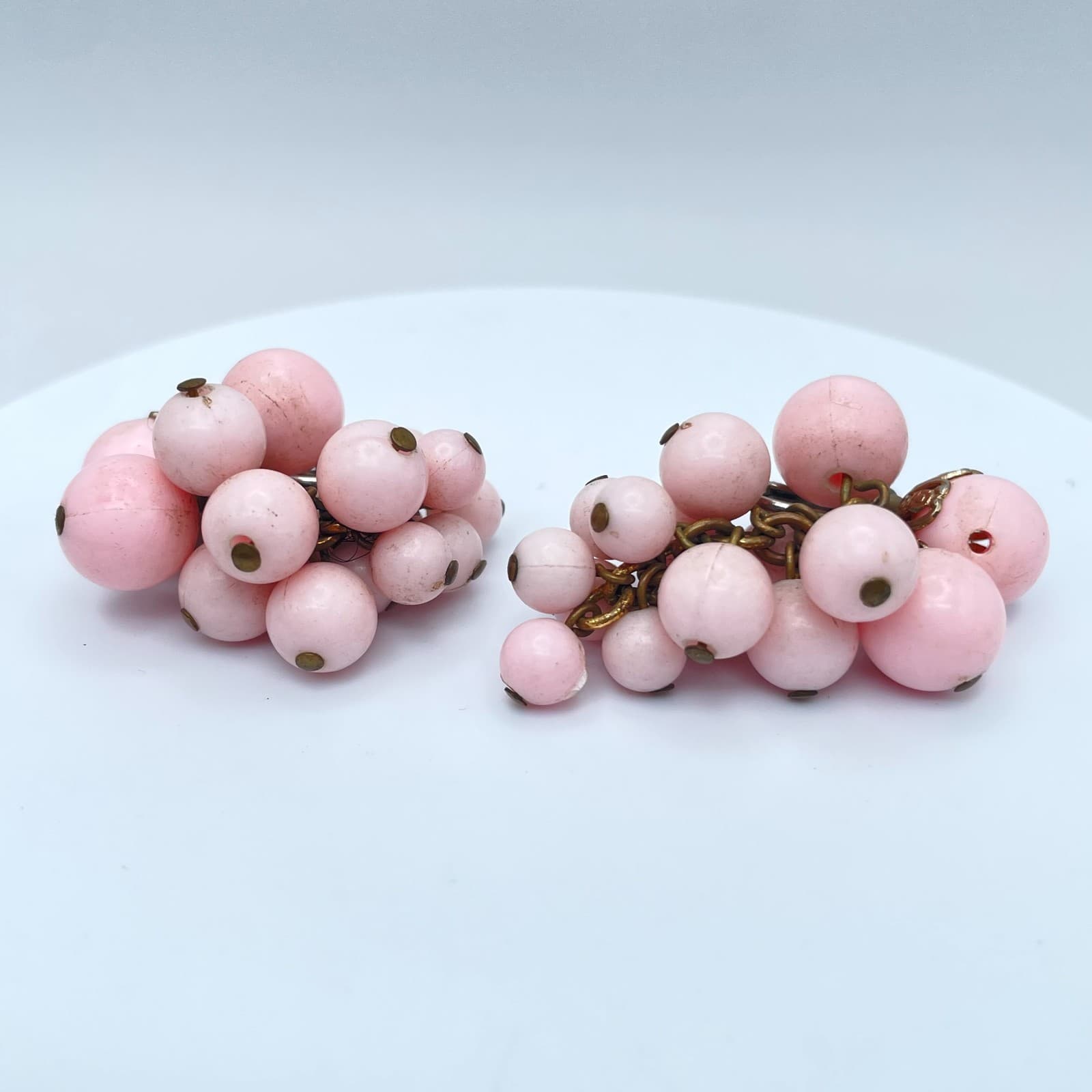 Vintage 50s Pastel Pink Grape Cluster Earrings Mid-Century Fashion Jewelry