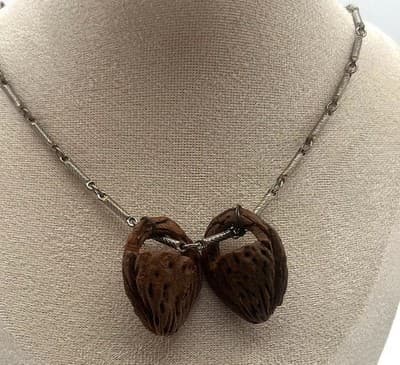 Vintage Multi Strand Wood Nut Carved Heart Pendant Chain Necklace Boho