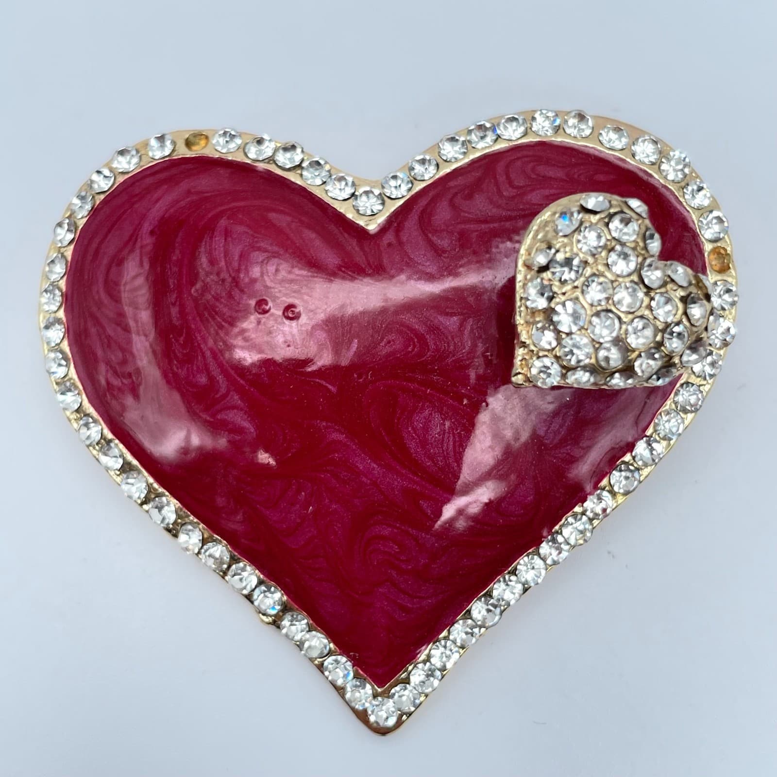 Vintage 90s Pink Enamel Heart Brooch Gold Tone Glass Trembler Pin Statement