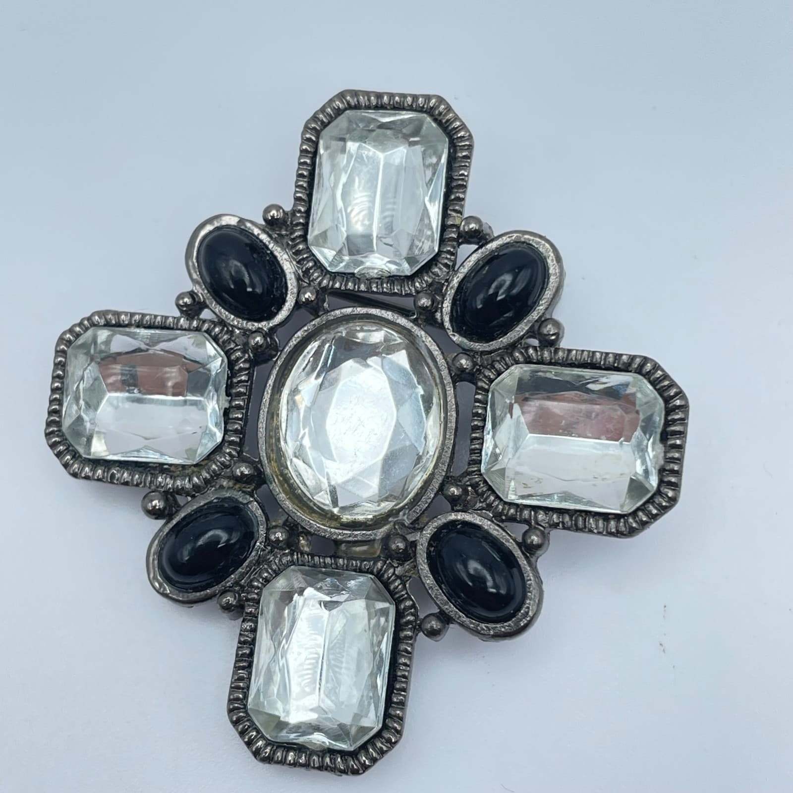 Vintage 90s Gothic Silver Tone Black Onyx Glass Cross Brooch Pin Art Deco