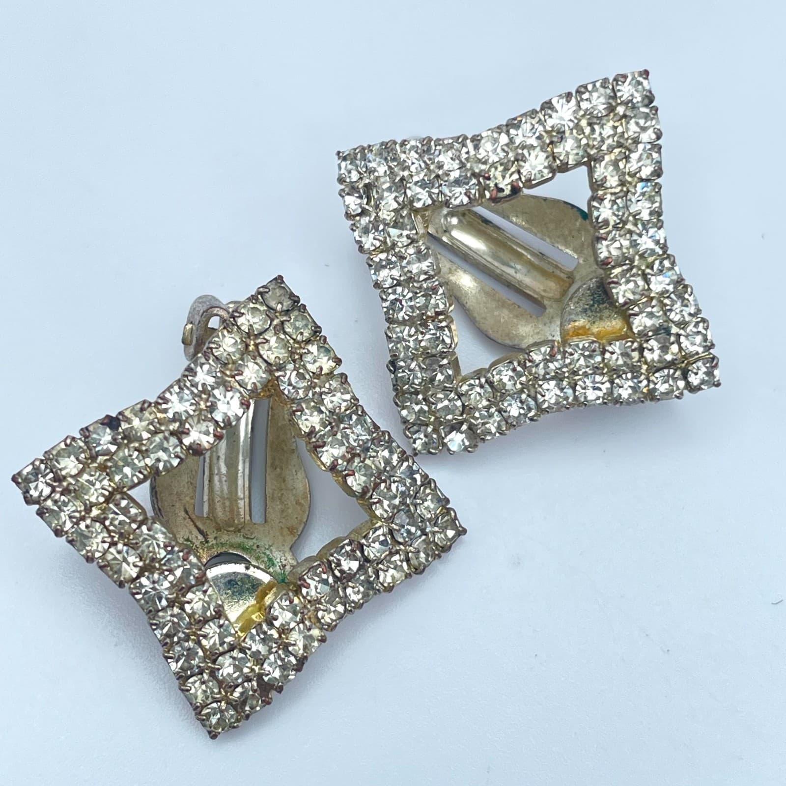 Vintage 80s Silver Tone Clear Glass Rhinestone Square Earrings Fashion Jewelry