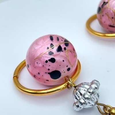 Vintage Gold-Tone Pink Mottled Art Speckled Glass Bead Drop Dangle Hook Earrings - Thumbnail 5