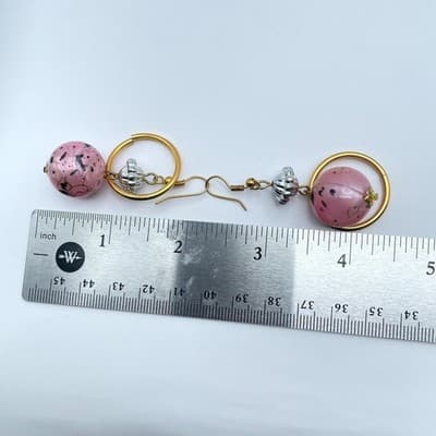 Vintage Gold-Tone Pink Mottled Art Speckled Glass Bead Drop Dangle Hook Earrings - Thumbnail 7