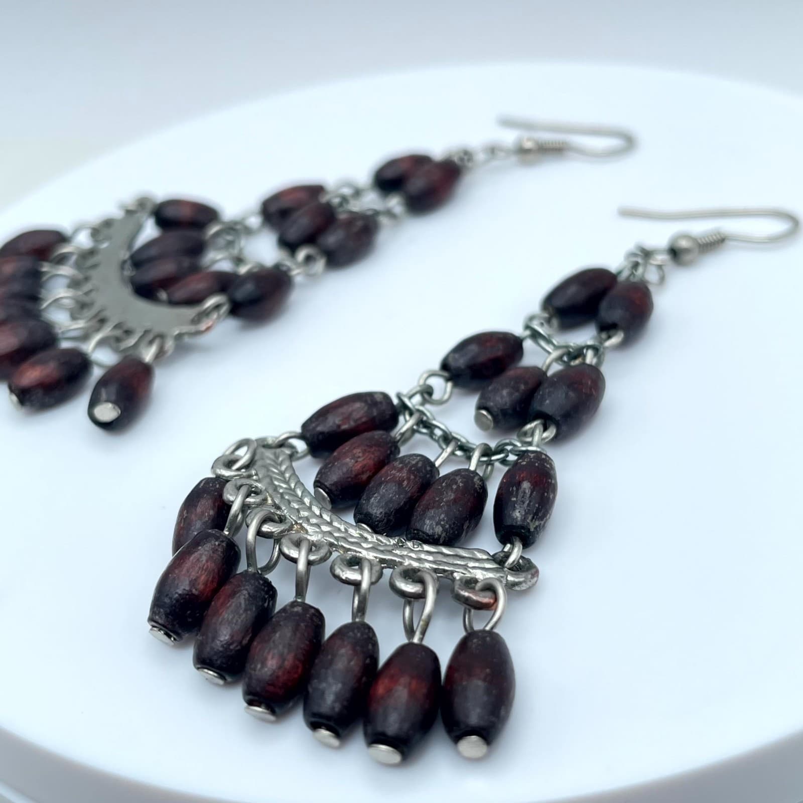 Vintage Silver-Tone Tribal Oval Wooden Beads Dangle Chandelier Hook Earrings