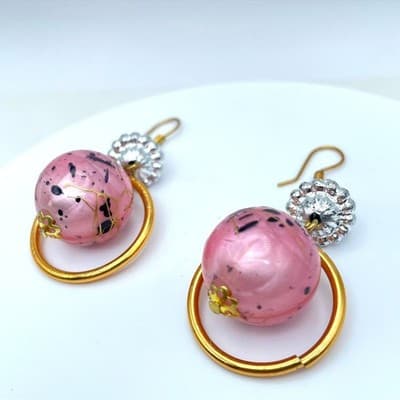Vintage Gold-Tone Pink Mottled Art Speckled Glass Bead Drop Dangle Hook Earrings - Thumbnail 2