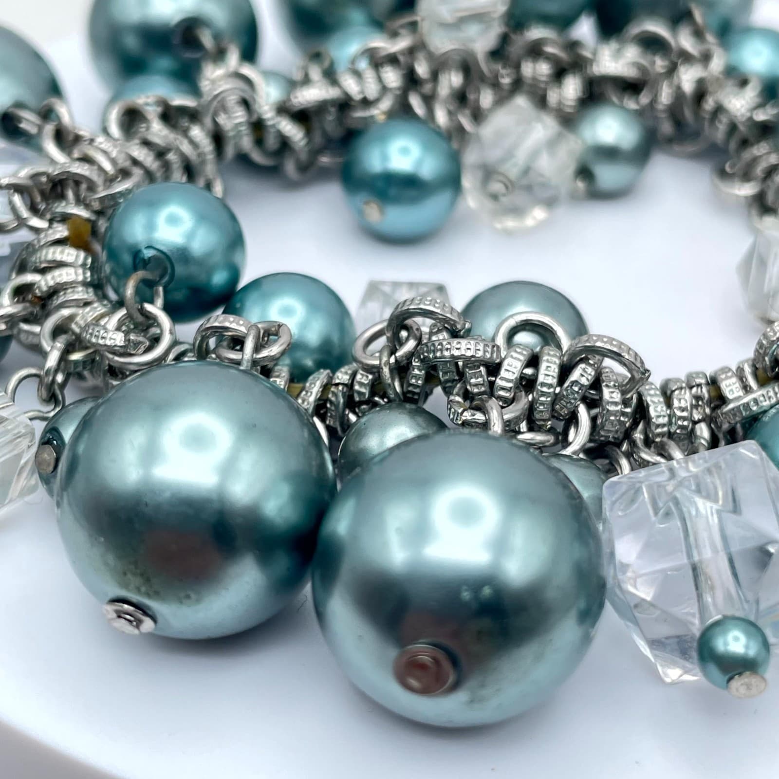 Vintage Silver-Tone Blue Mother Of Pearls Beaded Chunky Statement Chain Bracelet - Thumbnail 5
