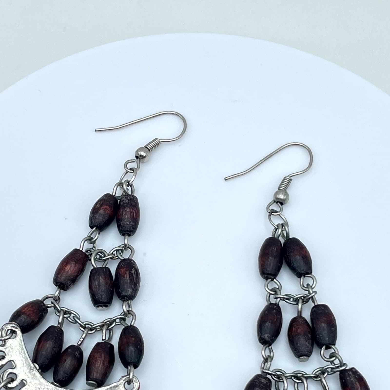 Vintage Silver-Tone Tribal Oval Wooden Beads Dangle Chandelier Hook Earrings - Thumbnail 6