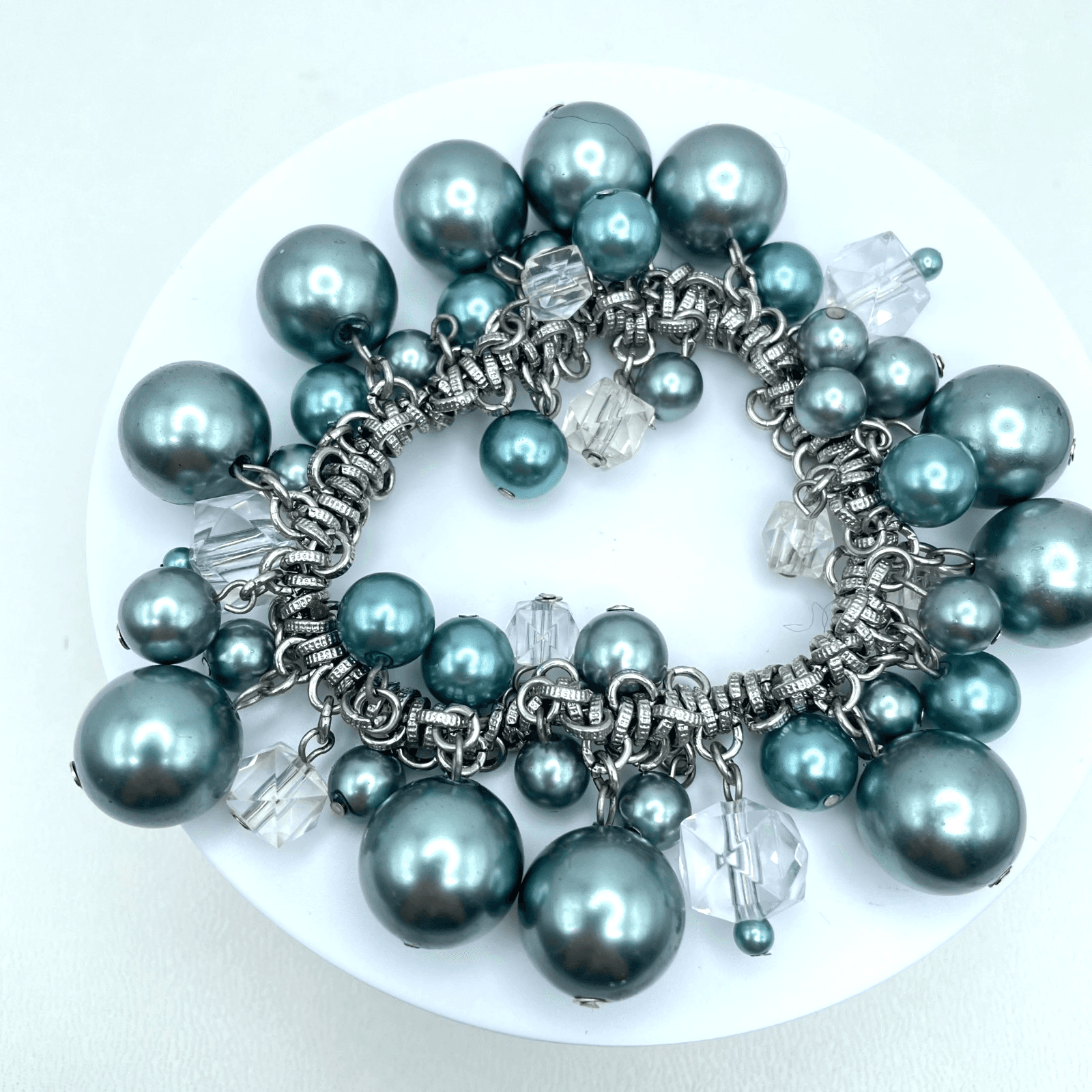 Vintage Silver-Tone Blue Mother Of Pearls Beaded Chunky Statement Chain Bracelet