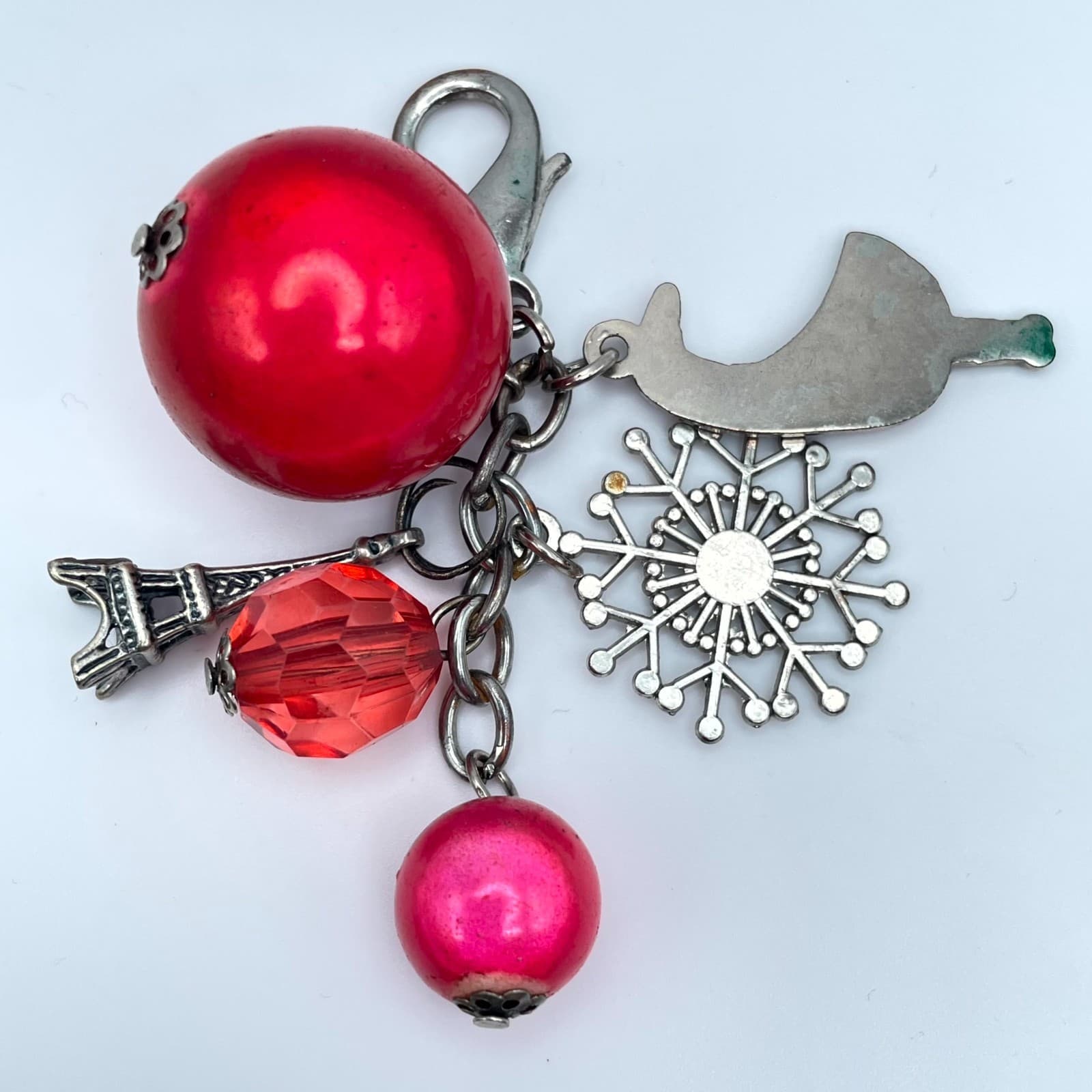 Y2K Silver-Tone Faceted Glass Mother Of Pearl Eiffel Tower Lobster Keychain