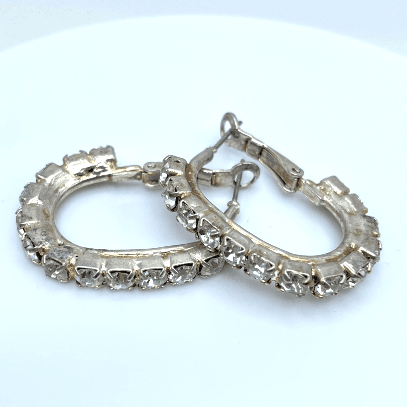 Classic Silver-Tone Fashion Prong Faceted Rhinestone Hoop Hinged Clasp Earrings
