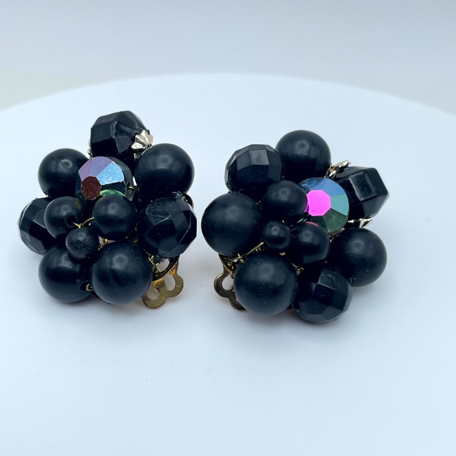 Vintage Gold-Tone Aurora Borealis Black Faceted Beads Cluster Clip-On Earrings