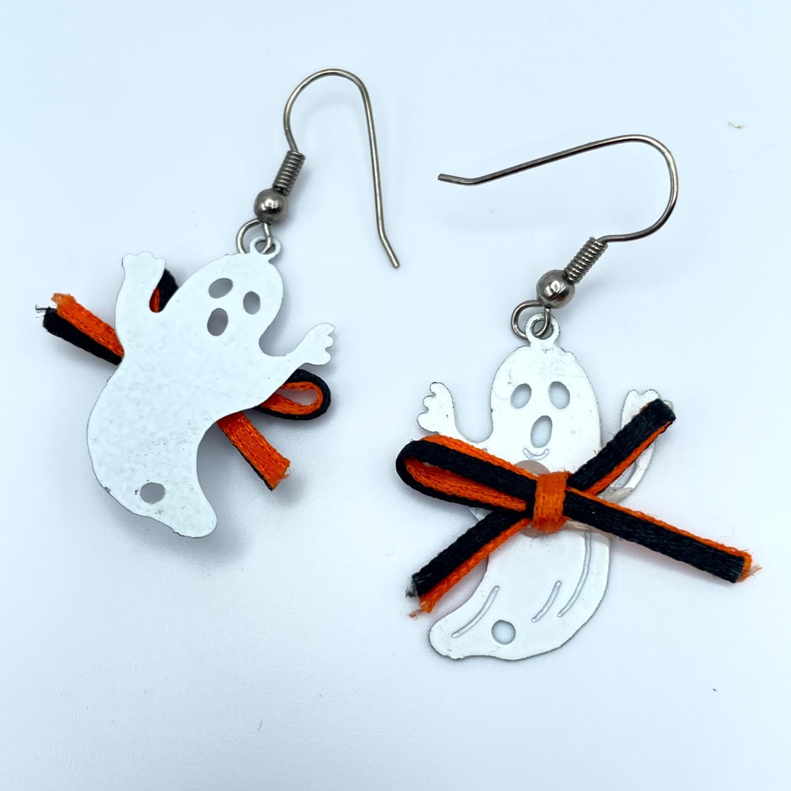 Whimsical Silver-Tone Spooky-Cute Motif Bow Detail Dangle French Hook Earrings
