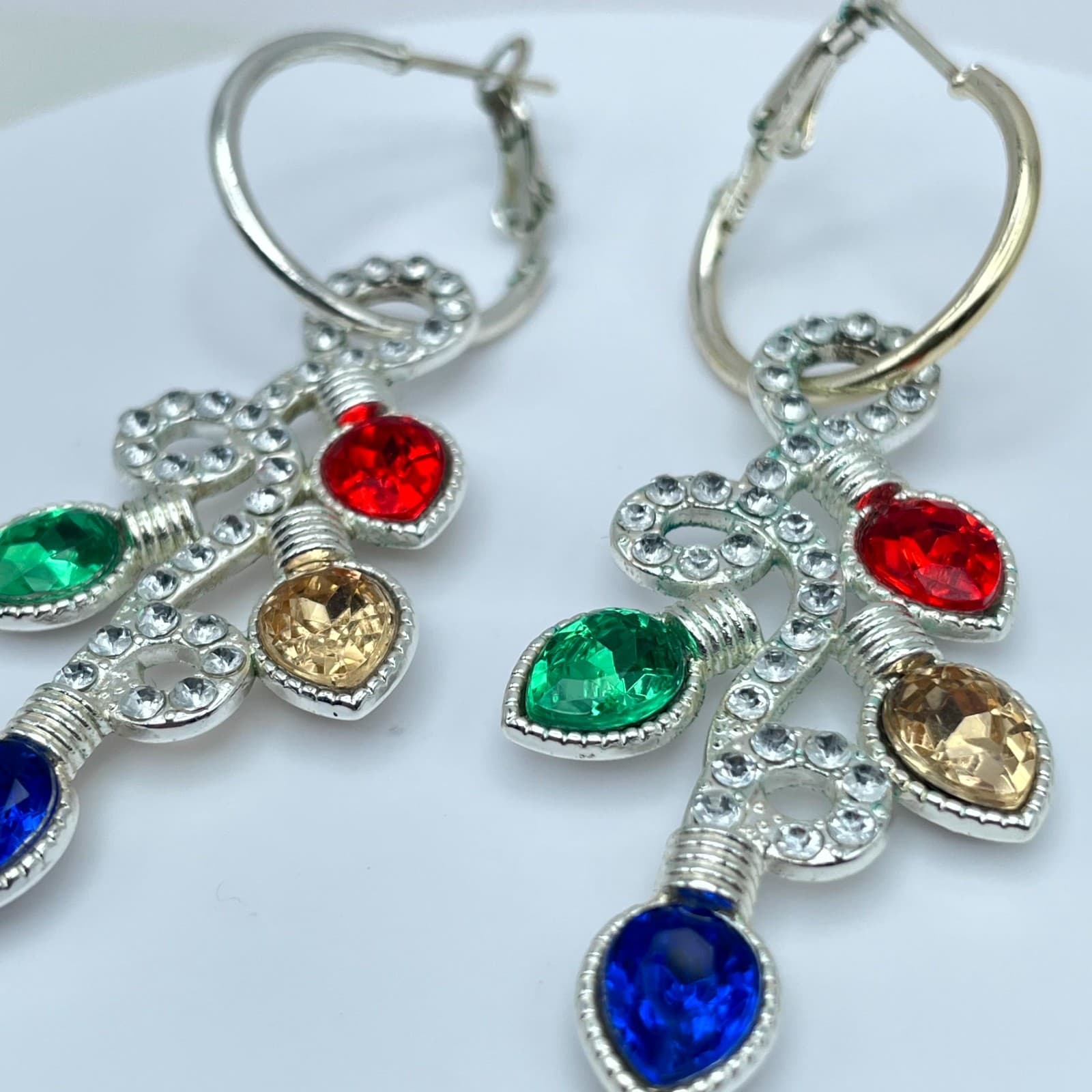 Gold-Tone Faceted Glass Bezel Beads Christmas Light Drop Dangle Hinged Earrings - Thumbnail 5