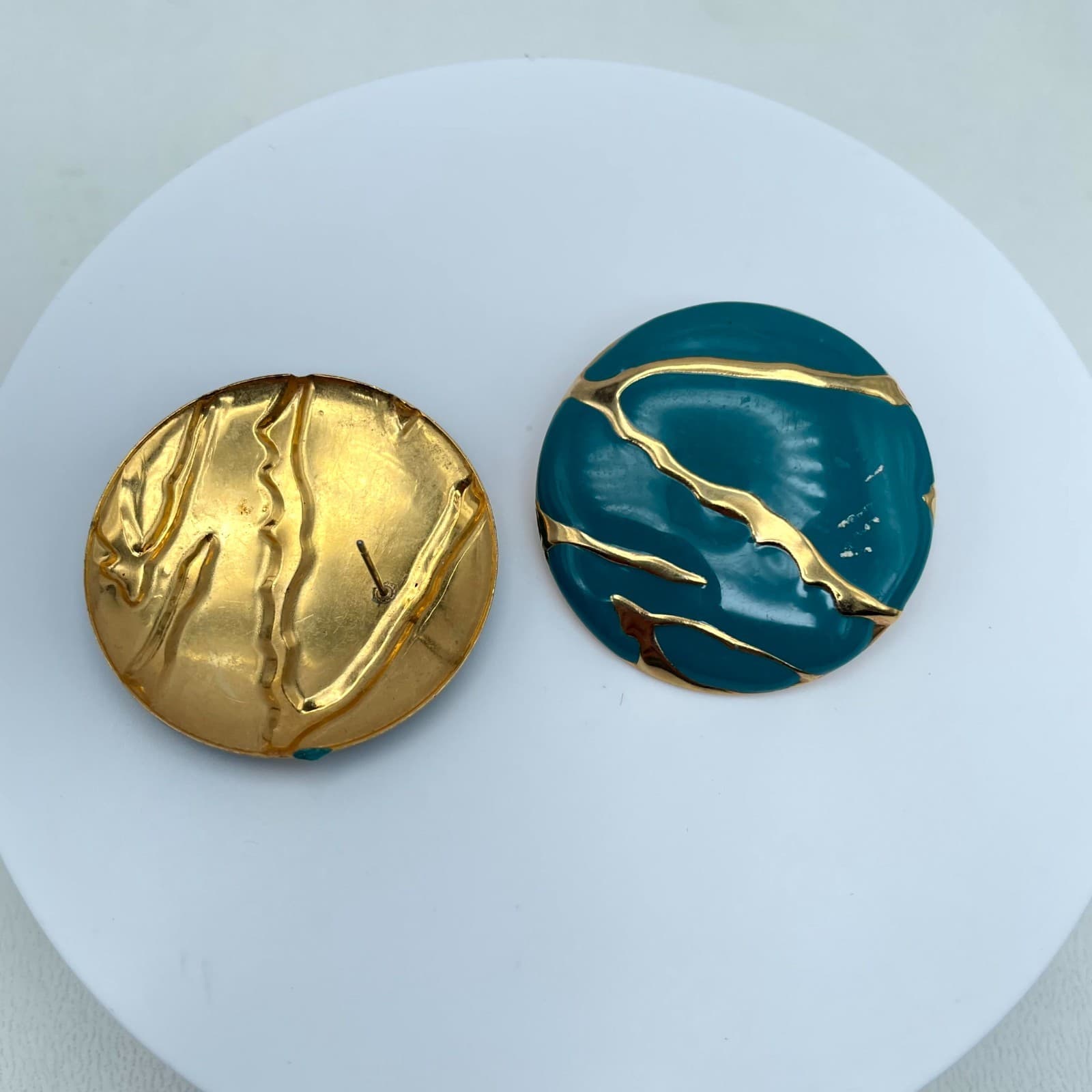 Pair of 2 Pierced Button Forest Teal Blue Enamel Gold Tone Stud Earrings