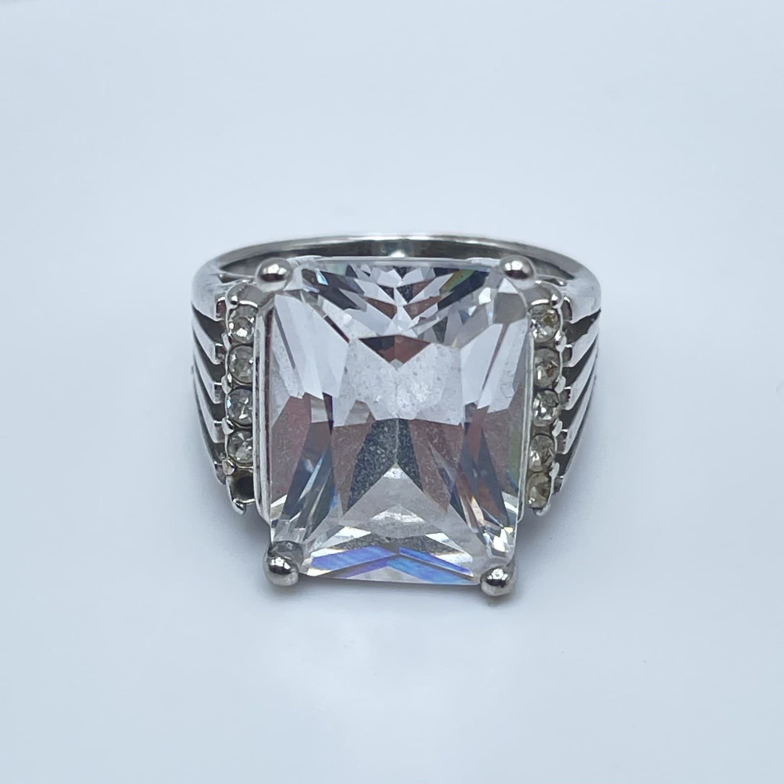 Large Emerald Cut Clear CZ Statement Ring Silver Tone Cocktail Jewelry Size 6.5