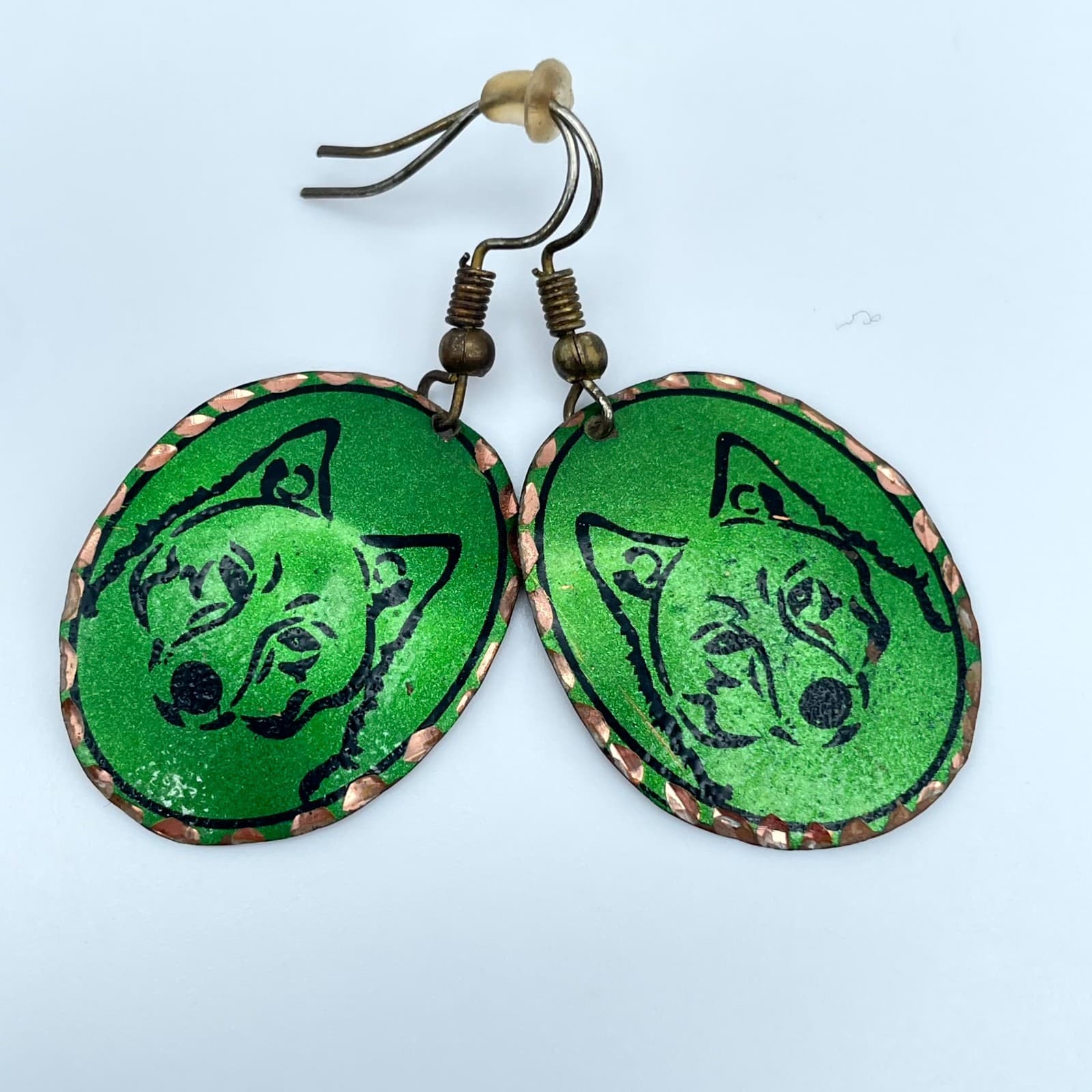 Vintage Copper Wolf Head Earrings Hand Painted Green Enamel Boho Animal Jewelry